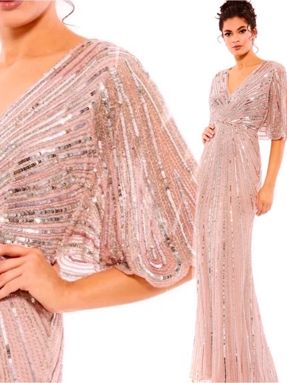 Mac Duggal Metallic Blush Sequin V-Neck cape Evening Gown size 10 93583.